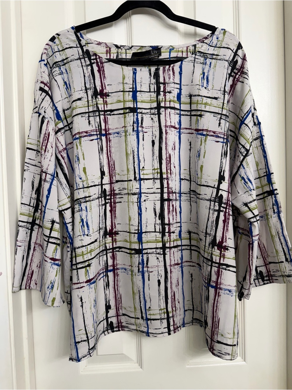 7151 Liv By Habitat White Abstract Plaid Print Blouse Top Size L